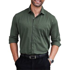 Dark Army Green Men Long Sleeve Wrinkle Free Textured Button Down Dress Shirt